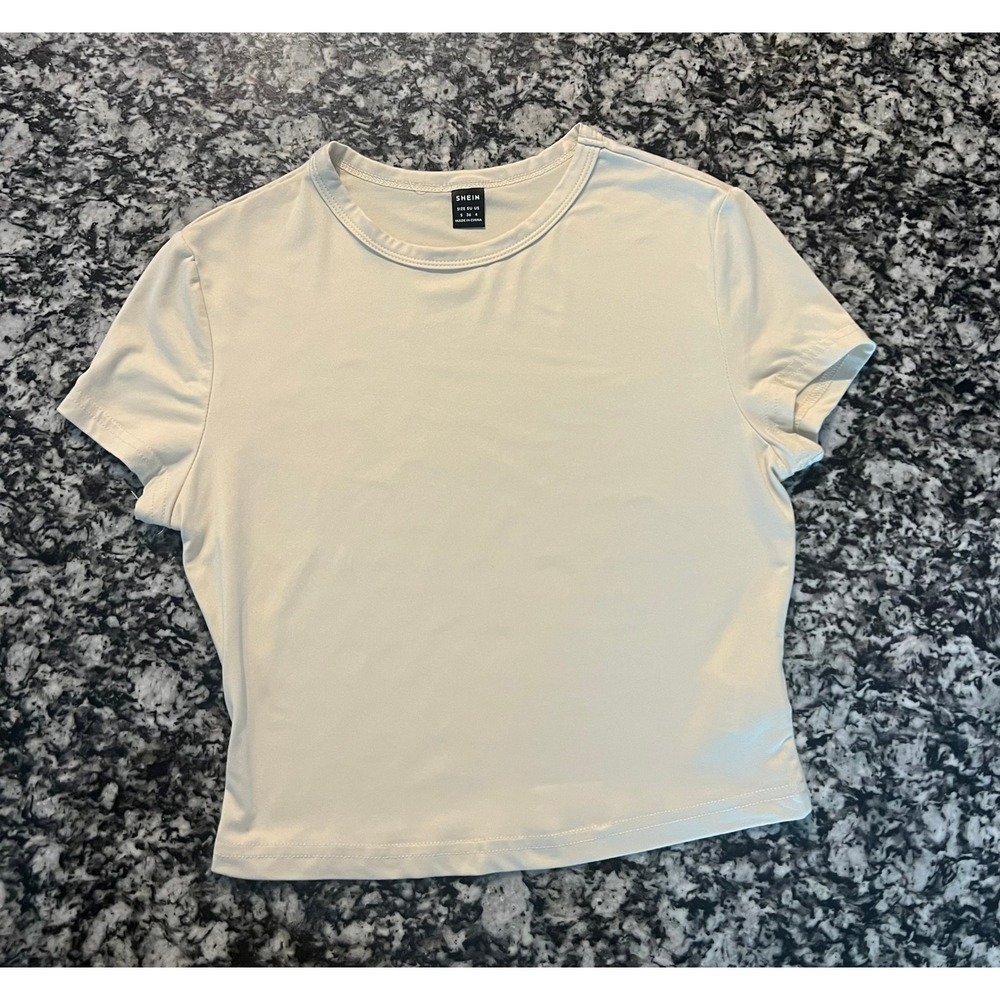SHEIN Women Cream Beige Short Sleeve Crewneck Slim Fit Tee Shirt Small (0938)